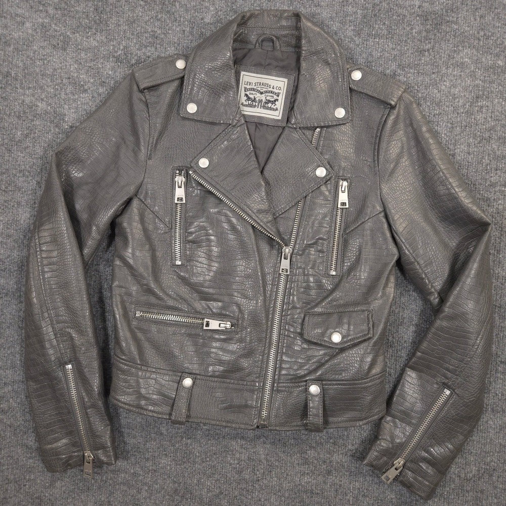 Levis Moto Jacket Womens S Gray Faux Leather Crocodile Embossed Texture Full Zip